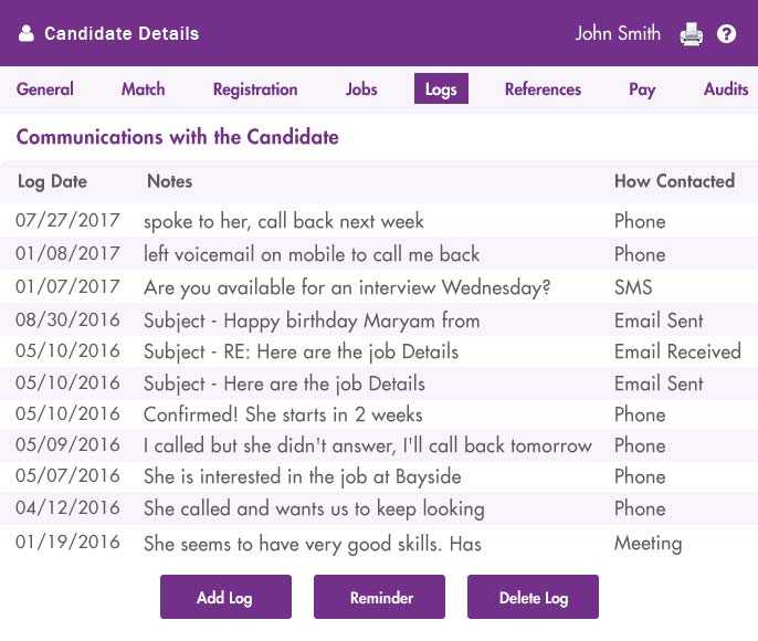 Candidate logs in recruitment software